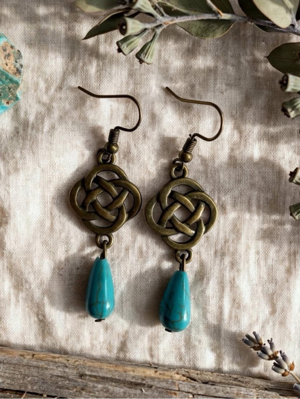 Handmade Celtic Knot Turquoise Drop Earrings Boho Antique Brass Dangle